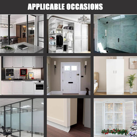 Upgrade T-Shaped Door Draft Stopper collage; clear silicone door seal imagery across modern kitchens and closets.