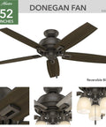Donegan Onyx Bengal Ceiling Fan With LED Light Kit And Pull Chain, 52 Inch, Multi Speed Whisper Wind Motor, shown with reversible blades