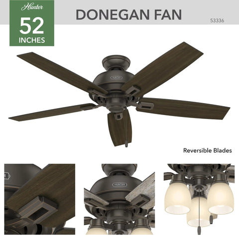 Donegan Onyx Bengal Ceiling Fan With LED Light Kit And Pull Chain, 52 Inch, Multi Speed Whisper Wind Motor, shown with reversible blades