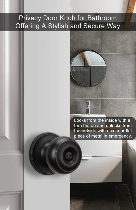 Oil-Rubbed Bronze Privacy Door Knobs For Interior Doors, No-Fuss Keyless Privacy Function on bathroom door showcasing modern design.