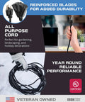 Beefy 100 Foot Outdoor Extension Cord With Three Outlets Weatherproof SJTW 16 Gauge 3 Conductor cable shown coiled in snow