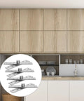 Hidden Door Pivot Hinges Four Piece Stainless Steel Set 360 Degree Rotation Self Closing Heavy Duty mounted in a modern kitchen