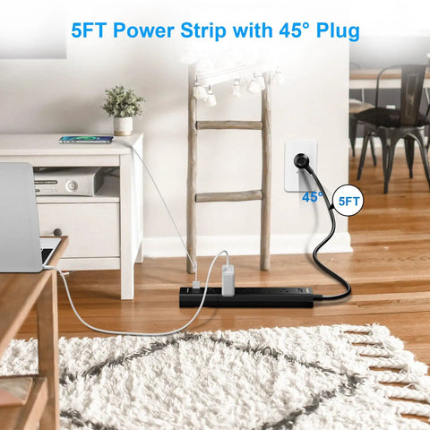 8 In 1 Surge Protector Power Strip With 5 Widely Spaced Outlets 3 USB Ports Including USB C Port 1250 Watt 10 Amp 5 Ft Extension Cord Wall Mountable For Home Office Black on floor near desk