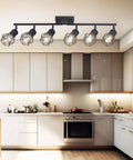 Black 6 Light Farmhouse Track Lighting Fixture With Metal Cage Design for ceiling mount in kitchen, E26 base industrial modern lighting.