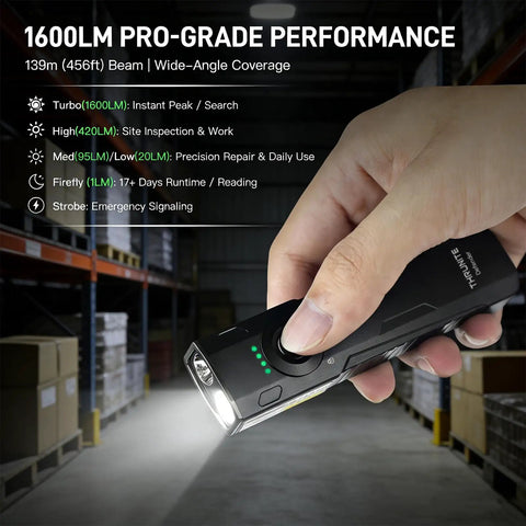 Person holding Go-To 3-In-1 Flat EDC Flashlight With 1600 Lumen White LED, Green Beam And UV in a warehouse setting.