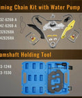 Timing Chain Kit With Water Pump And Camshaft Holding Tool For 2011 Through 2019 Explorer Edge Taurus Flex 3.5L And 3.7L V6 Engines With Timing Alignment Holder Easy Install Built To Last shown with components and tools in case.
