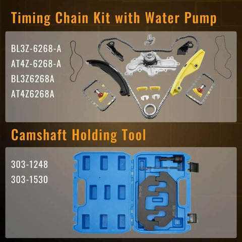 Timing Chain Kit With Water Pump And Camshaft Holding Tool For 2011 Through 2019 Explorer Edge Taurus Flex 3.5L And 3.7L V6 Engines With Timing Alignment Holder Easy Install Built To Last shown with components and tools in case.