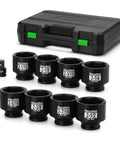 Beefy 9 Piece 6 Point Impact Socket Set With Jumbo SAE Size Range From 2 And 1 Sixteenth Inch To 2 And A Half Inch Forged Cr Mo Steel Black Oxide Finish For Extreme Torque And Long Life Plus One Half Inch Drive To Three Quarters Inch Adapter displayed with carrying case.