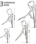 4-piece heavy duty locking pliers set with curved and straight jaws, includes 5 inch, 7 inch, 10 inch, 6-1/2 inch pliers, all steel.