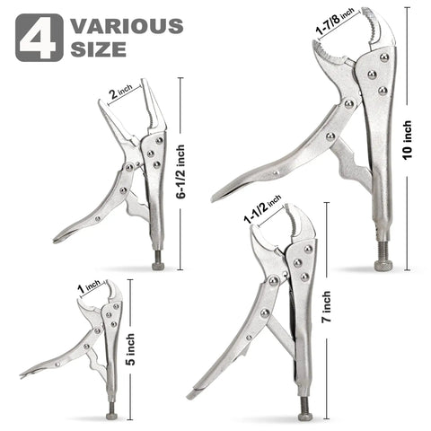 4-piece heavy duty locking pliers set with curved and straight jaws, includes 5 inch, 7 inch, 10 inch, 6-1/2 inch pliers, all steel.