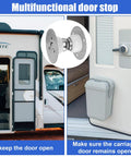RV door magnetic catch on white exterior trailer door; close-up shows mounting plates and magnet.