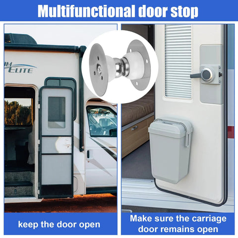RV door magnetic catch on white exterior trailer door; close-up shows mounting plates and magnet.