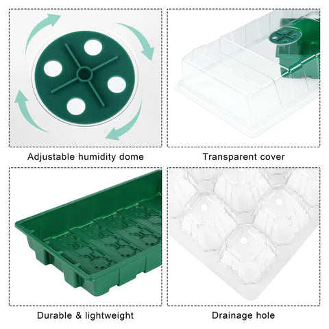 Image of Six Pack Seed Starter Tray Kit with Forty Cell Trays and Humidity Dome, showing adjustable dome, transparent cover, and drainage.