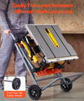 Heavy Duty Portable Table Saw Stand Built Like A Tank With Sweet Rolling Wheels And A Quick Fold Design for easy transport.