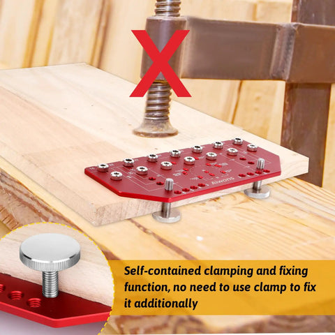 Heavy Duty 2 In 1 Cabinet Drill Template With Reliable Shelf Pin And Hinge Alignment Guide For No Guesswork Diy Cabinetry and clamping feature shown.