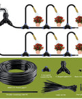 100 Ft Drip Irrigation System For Garden With 16 Adjustable Brass Nozzles And Bendable Rods setup diagram