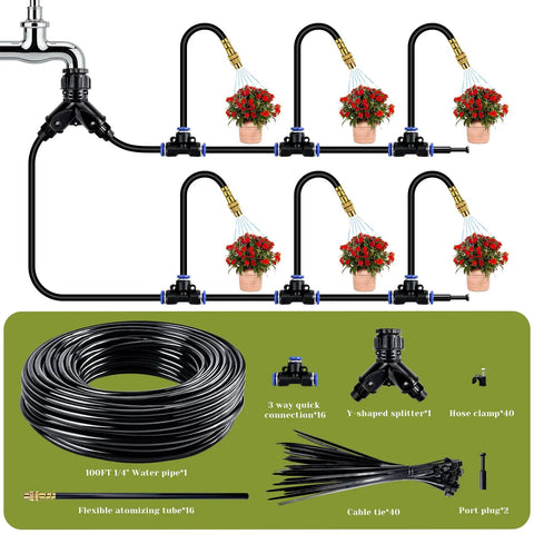 100 Ft Drip Irrigation System For Garden With 16 Adjustable Brass Nozzles And Bendable Rods setup diagram