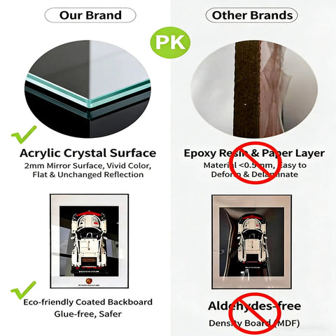 Comparison of display wall panel acrylic surface vs epoxy resin paper layer with imagery of board texture and framed space shuttle model.
