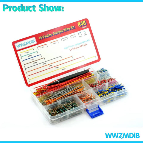 Breadboard Jumper Wires Kit With 840 Pcs, 14 Length Variants From 2 To 125 Millimeters, Includes Tweezer And Plastic Dispenser Box