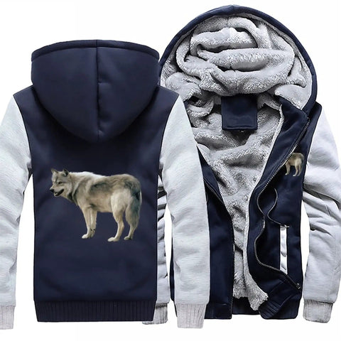 Cozy Fleece Hoodie For Men Thick Heavyweight Full Zip Sweatshirt with wolf design and warm lining, open view.