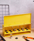 Heavy Duty Wall Mount Fire Sprinkler Head Storage Box Holds Twelve Heads Red Steel Cabinet with open yellow lid and mounted heads.