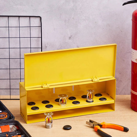 Heavy Duty Wall Mount Fire Sprinkler Head Storage Box Holds Twelve Heads Red Steel Cabinet with open yellow lid and mounted heads.