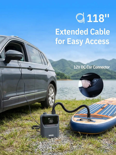 Electric Paddle Board Pump with Automatic Dual Stage Inflation Deflation 50 PSI 12V Car Outlet inflating paddle board by car