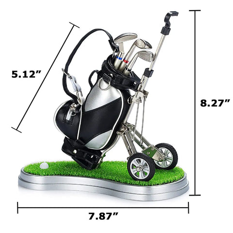 Golf Pen Holder Desk Accessory For Men And Women Mini Golf Bag Pen Holder With 3 Mini Club Pens And Ball on grass base