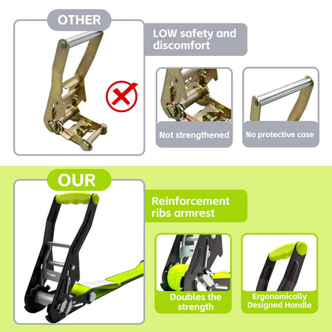 Comparison of standard and reinforced ratchet straps with ergonomic handle for increased safety and comfort featuring Beefy Heavy Duty Ratchet Straps With Forged J Hooks 2 Inch By 27 Foot Tie Down Straps 10000 Pound Break Strength 3333 Pound Working Load 4 Pack Neon Green Polyester Webbing For Truck Trailer Motorcycle ATV Boat Cargo Control.