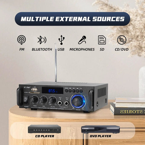 Powerful 300W Stereo Amplifier System With Bluetooth 5.0 on a wooden shelf with connectivity features displayed above.