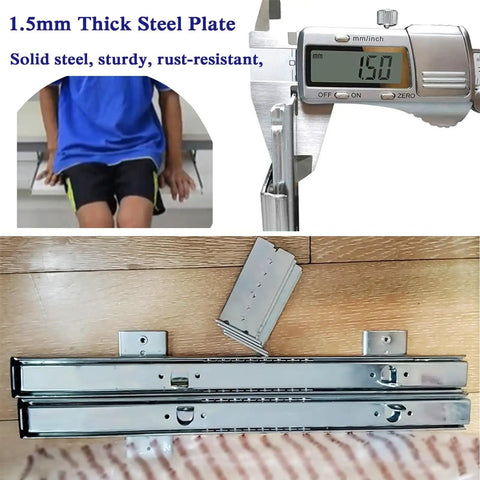 Under Desk Keyboard Tray Slides With Ball Bearing Runners 30cm 35cm 40cm Heavy Duty Extendable Rails, steel measured at 1.5mm thickness.