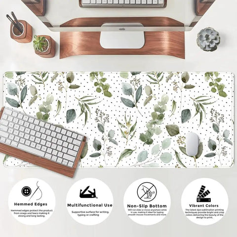 Top view of Green Speckled Boho Mouse Pad Desk Mat With Non Slip Rubber Base, Stitched Edges, Large 31.5x11.8 Inches on desk
