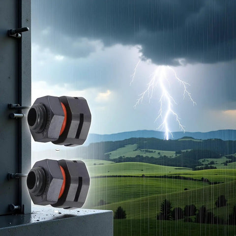 Dual Port IP68 Industrial Breather Vent With M12x1.5 Thread Pressure Equalization Valve installed outdoors in rain