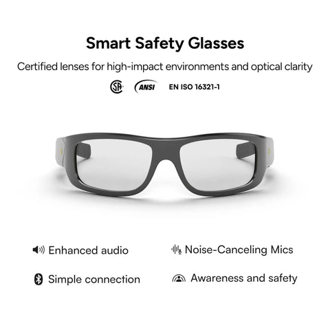 Front view of Armor Smart Safety Glasses for Men and Women With TR90 Frame, Bluetooth Hands-Free Calling, ANSI Z87.1 Safety Standard.