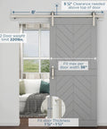 Classic Interior Sliding Barn Door Kit With Two Piece Track 72 Inch Satin Nickel Finish Supports One Door Up To 220 Lbs Fits Openings Up To 36 Inches shown installed in living room.