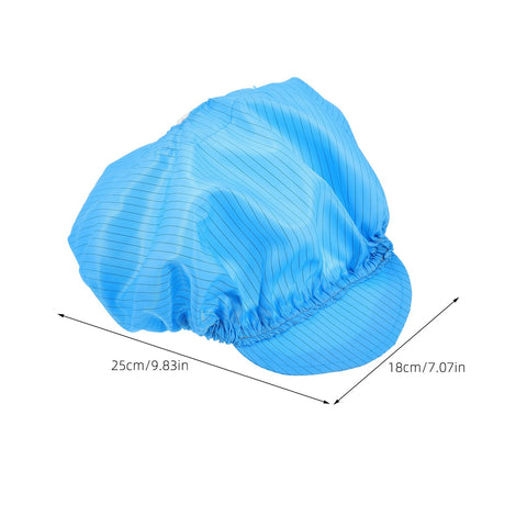 Five Piece Anti Static Work Caps Blue Bouffant Hair Nets Lightweight Mesh Headcaps Super Breathable All Day Comfy No Sweat Feel Solid Build Industrial Grade Protection For Cleanroom Pharma Labs showing soft blue mesh with dimensions.