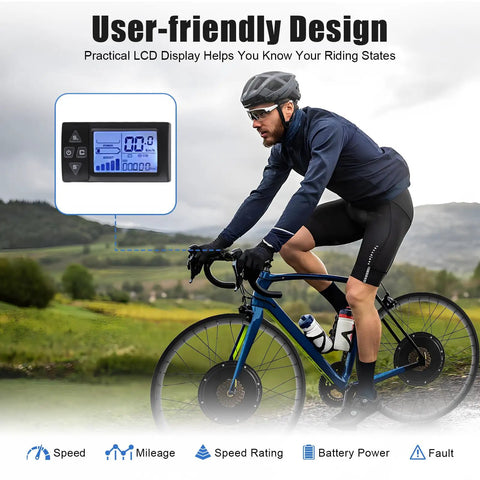Cyclist using Beefy 1500W 48V Rear Hub Ebike Conversion Kit With LCD Display on 26x4 fat tire bike