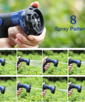 Heavy Duty Metal Hose Nozzle With 8 Spray Patterns High Pressure Water Sprayer, blue finish in hand showing spray options.