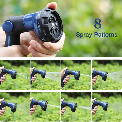 Heavy Duty Metal Hose Nozzle With 8 Spray Patterns High Pressure Water Sprayer, blue finish in hand showing spray options.