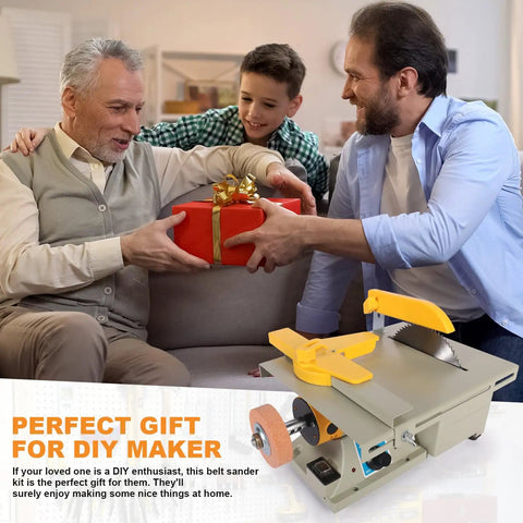 Family exchanging a gift featuring the all in one lapidary and jewelry polisher with 0 to 10000 RPM benchtop grinder.