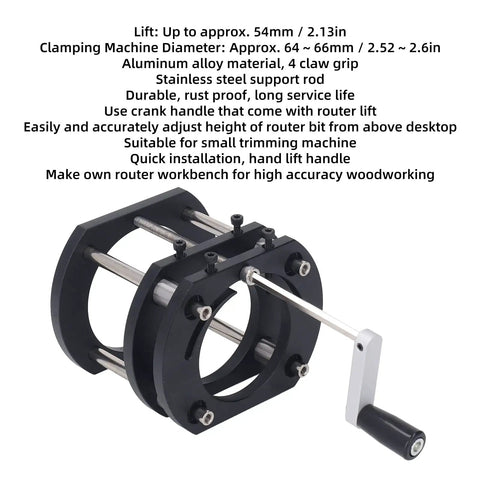 Router Lift Base For Small Milling And Trimming Machines With 4 Jaw Clamping Built Tough From Aluminum Alloy And Stainless Steel, Metal Milling Table Lifting System, Lift Up To 54mm, Clamp Diameter 64 To 66mm Black, with crank handle