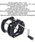 Precision Router Lift Table Mechanism Featuring Four Jaw Milling System Crank Handle Quick Height Tuning Solid Aluminum Alloy Base with stainless steel support.