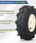 Replacement Tiller Tire And Wheel Set For Thirteen By Five Inch Tire Size With Three Quarters Inch Axle And Three And One Eighth Inch Centered Hub Fits Craftsman And Troy-Bilt Tillers featuring premium rubber tire, thickened iron rims, and deep pattern for grip.