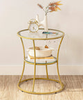 Round End Table With Charging Station And Glass Top, 2-Tier Gold Accent Side Table For Tiny Spaces, Perfect Nightstand Or Coffee Table
