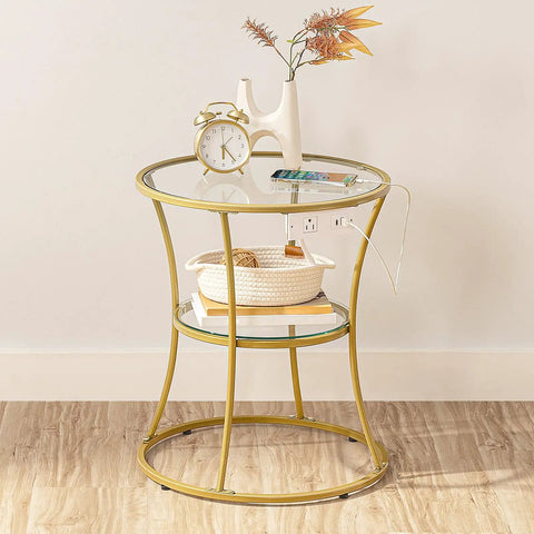 Round End Table With Charging Station And Glass Top, 2-Tier Gold Accent Side Table For Tiny Spaces, Perfect Nightstand Or Coffee Table
