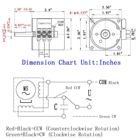 Dimensional diagram of Low Speed 30 RPM AC Synchronous Gear Motor With Dual Bearings Reversible CW CCW Control 115V 60Hz 10W