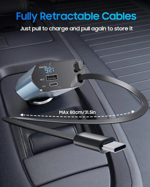 Close-up of Retractable 69W USB C 4 In 1 Fast Car Charger For iPhone 17 and other devices installed in car console.