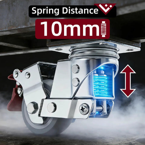 Close-up of 3 Inch Heavy Duty Dual Spring Shock Absorption Caster Wheels Set Of 4 with 10mm spring distance for smooth movement.