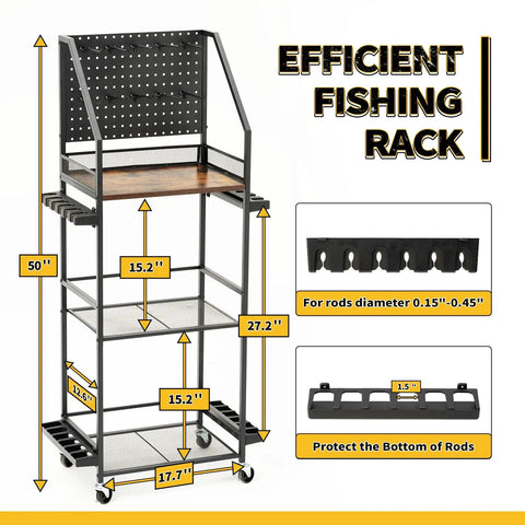 Rolling Garage Fishing Rod Organizer Cart With Pegboard And Lockable Wheels 3 Tier Pole Rack for 12 Rods and Tackle Storage