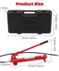 Front view of a 12-Ton porta power hydraulic jack kit with red hydraulic ram, 55-inch hose, and black storage case
